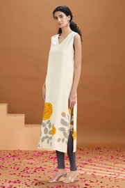 Off White Floral Printed A Line Kurta