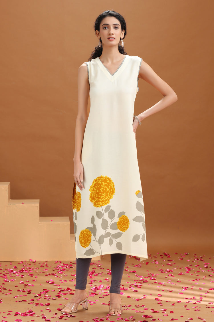 Off White Floral Printed A Line Kurta