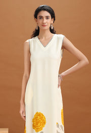 Off White Floral Printed A Line Kurta