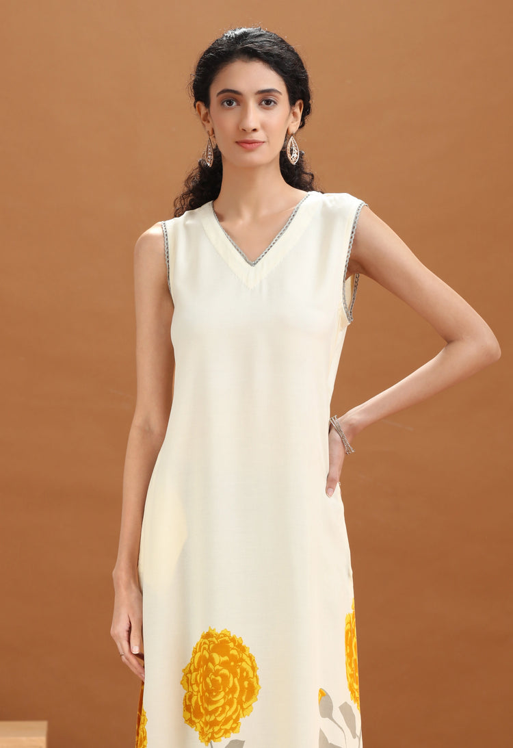 Off White Floral Printed A Line Kurta