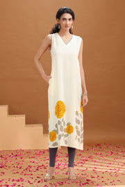 Off White Floral Printed A Line Kurta