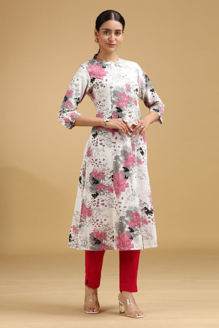 Off White Printed Cotton-Flex Kurta