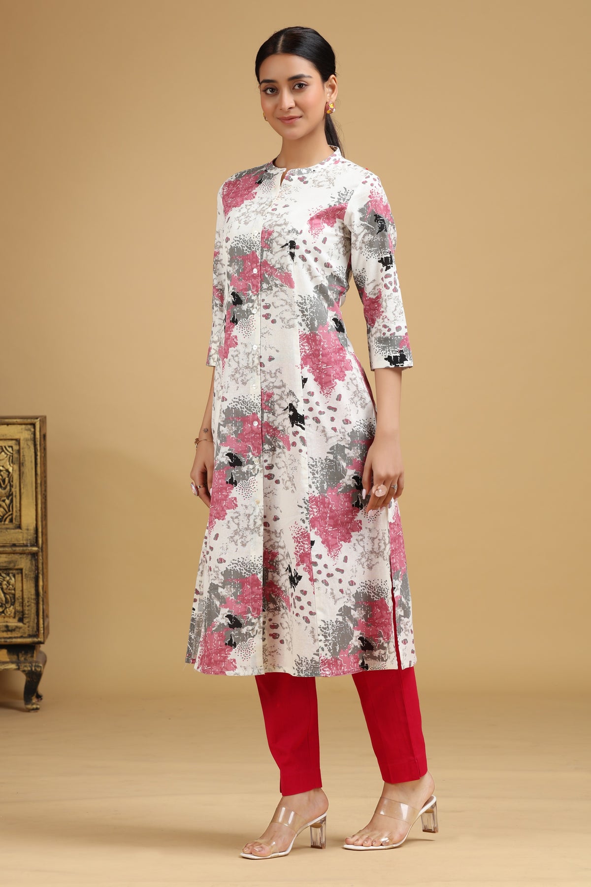 Off White Printed Cotton-Flex Kurta