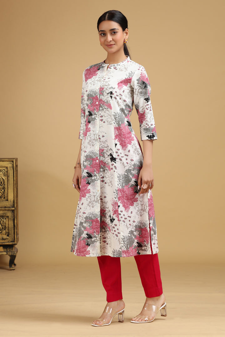 Off White Printed Cotton-Flex Kurta