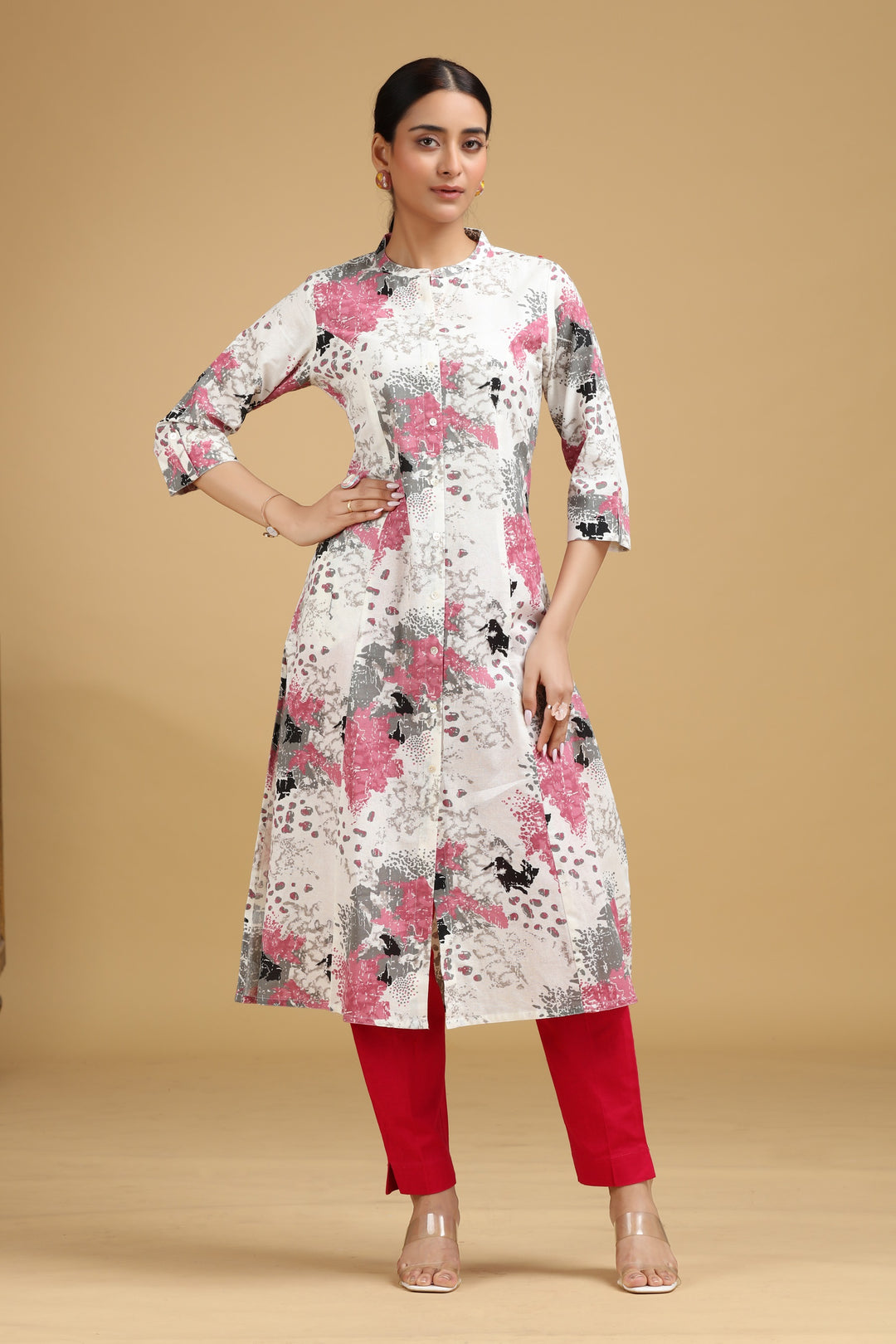 Off White Printed Cotton-Flex Kurta