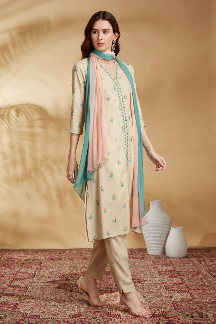 Off White Rayon Embroidered Straight Kurta Pant and Dupatta Suit Set