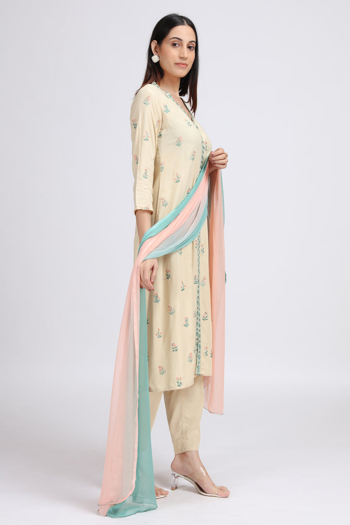 Off White Rayon Embroidered Straight Kurta Pant and Dupatta Suit Set
