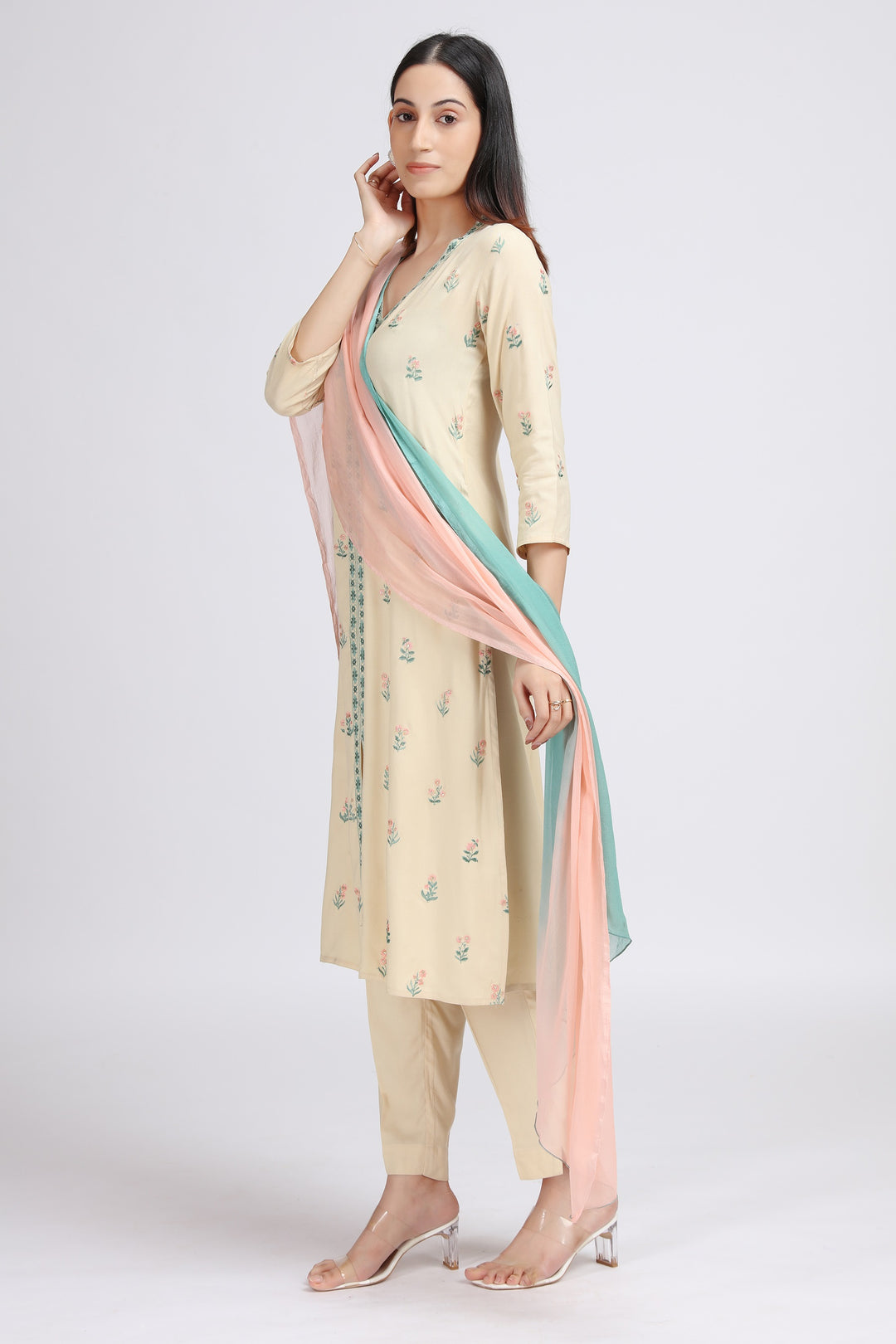 Off White Rayon Embroidered Straight Kurta Pant and Dupatta Suit Set