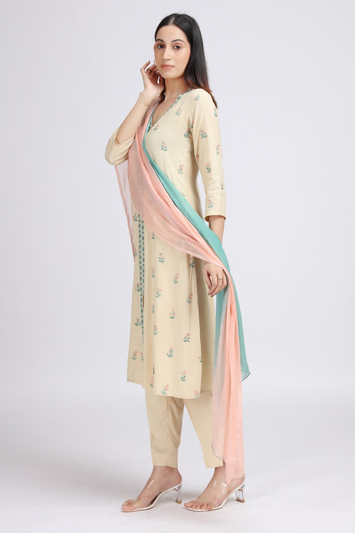 Off White Rayon Embroidered Straight Kurta Pant and Dupatta Suit Set
