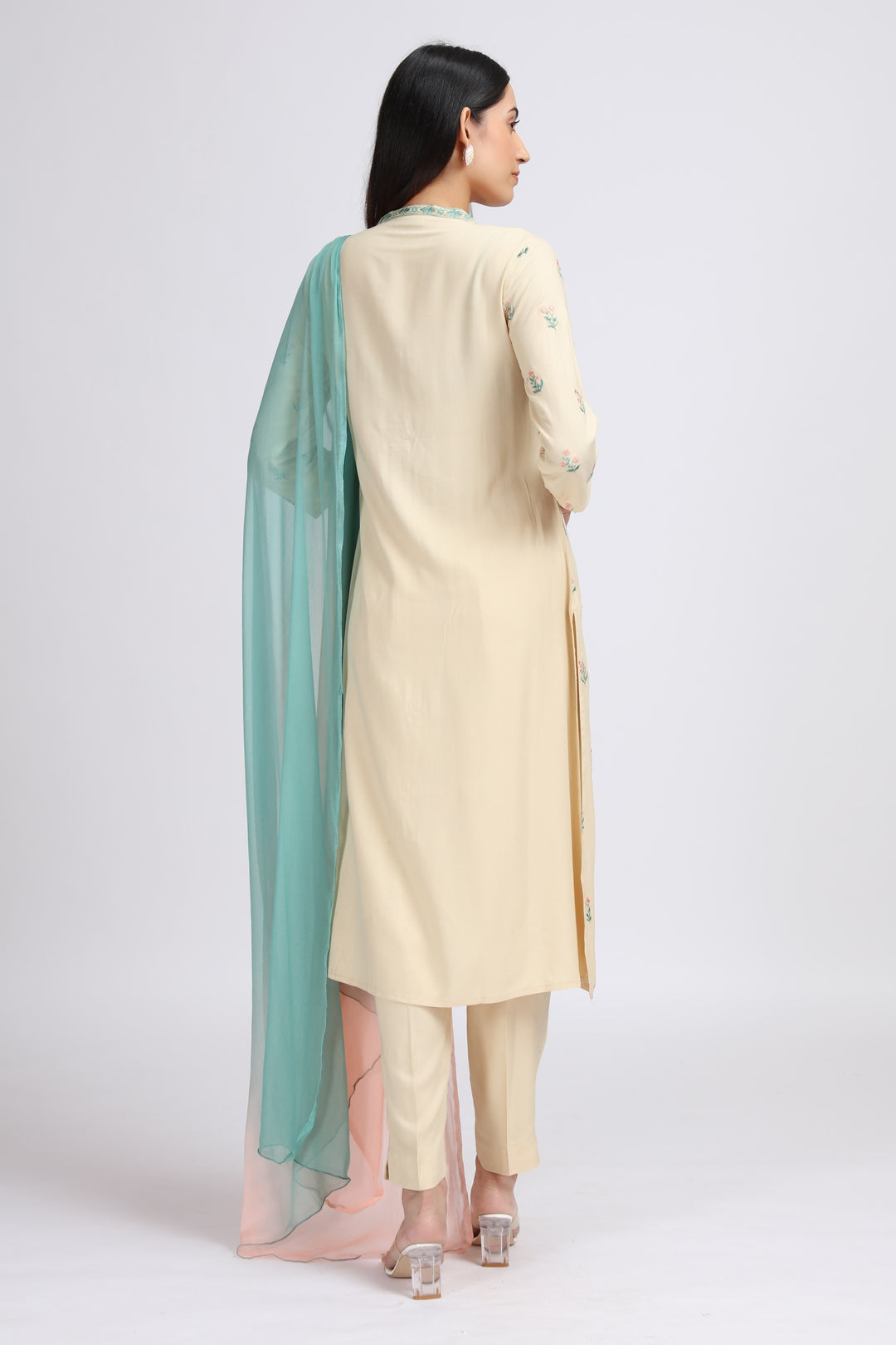 Off White Rayon Embroidered Straight Kurta Pant and Dupatta Suit Set