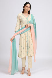 Off White Rayon Embroidered Straight Kurta Pant and Dupatta Suit Set