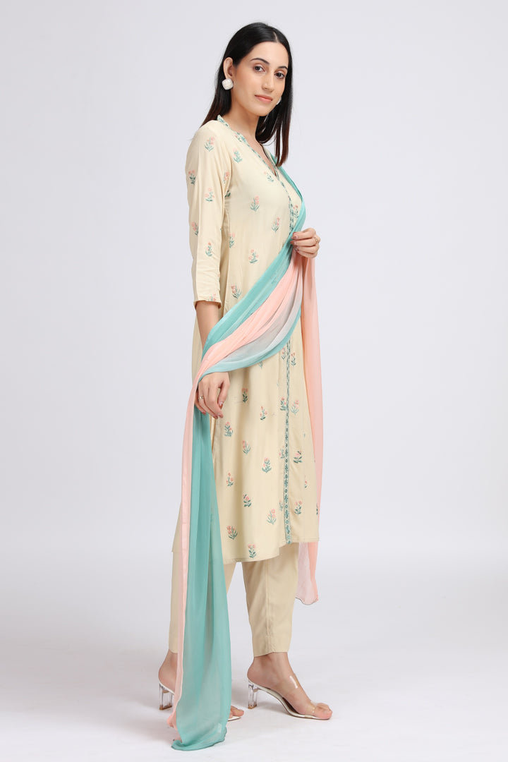 Off White Rayon Embroidered Straight Kurta Pant and Dupatta Suit Set