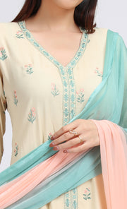 Off White Rayon Embroidered Straight Kurta Pant and Dupatta Suit Set