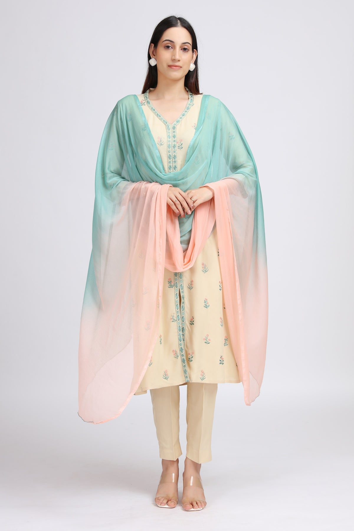 Off White Rayon Embroidered Straight Kurta Pant and Dupatta Suit Set