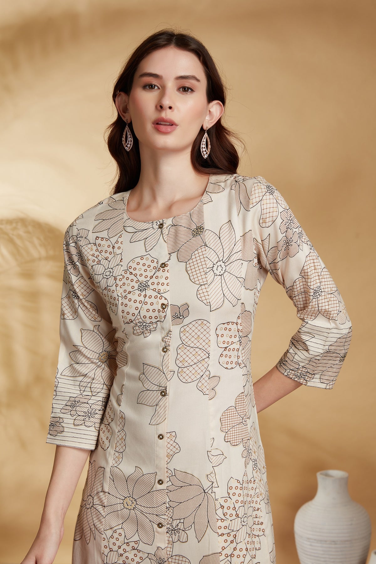 Off White Rayon Floral Print A Line Kurta