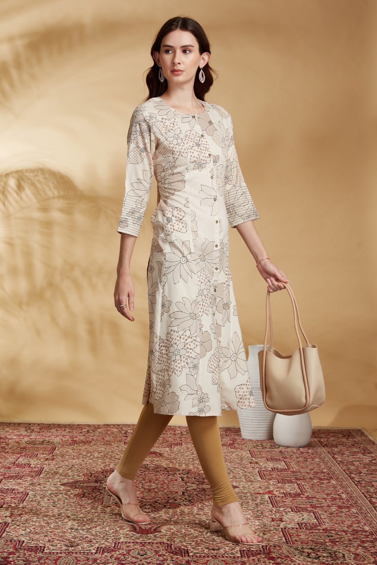 Off White Rayon Floral Print A Line Kurta