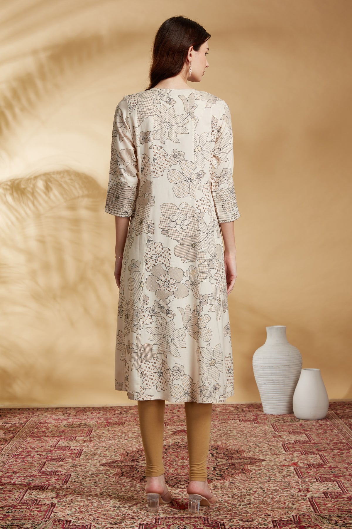 Off White Rayon Floral Print A Line Kurta