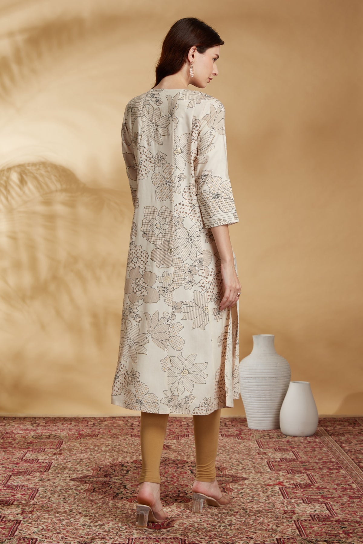 Off White Rayon Floral Print A Line Kurta