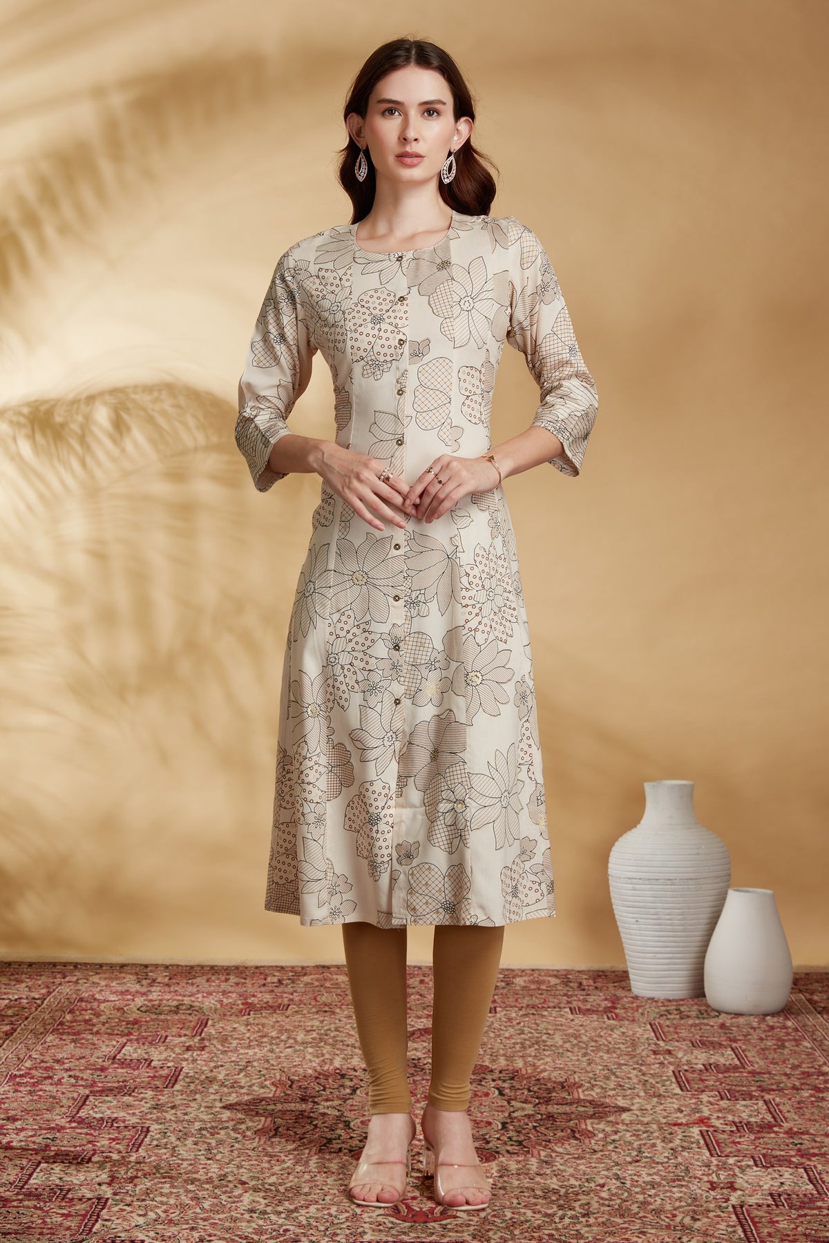 Off White Rayon Floral Print A Line Kurta