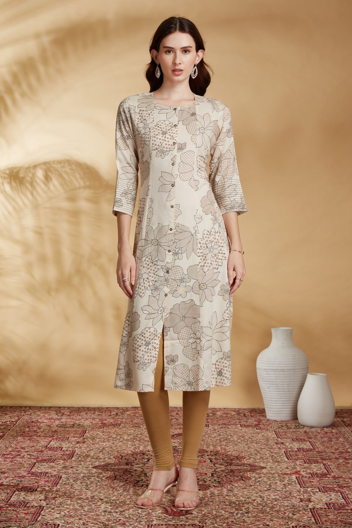 Off White Rayon Floral Print A Line Kurta