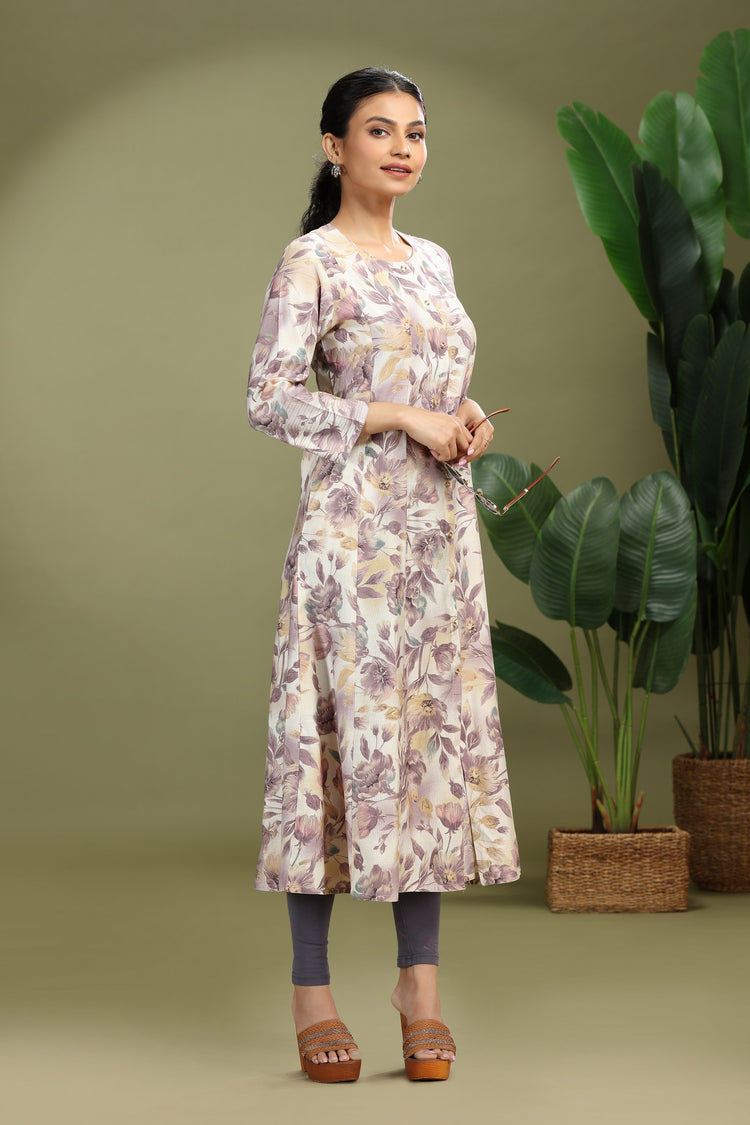 Off White Rayon Printed A Line Kurta for women