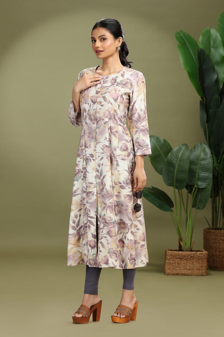 Off White Rayon Printed A Line Kurta for women