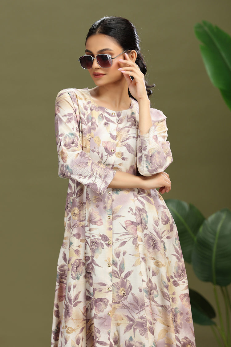 Off White Rayon Printed A Line Kurta for women