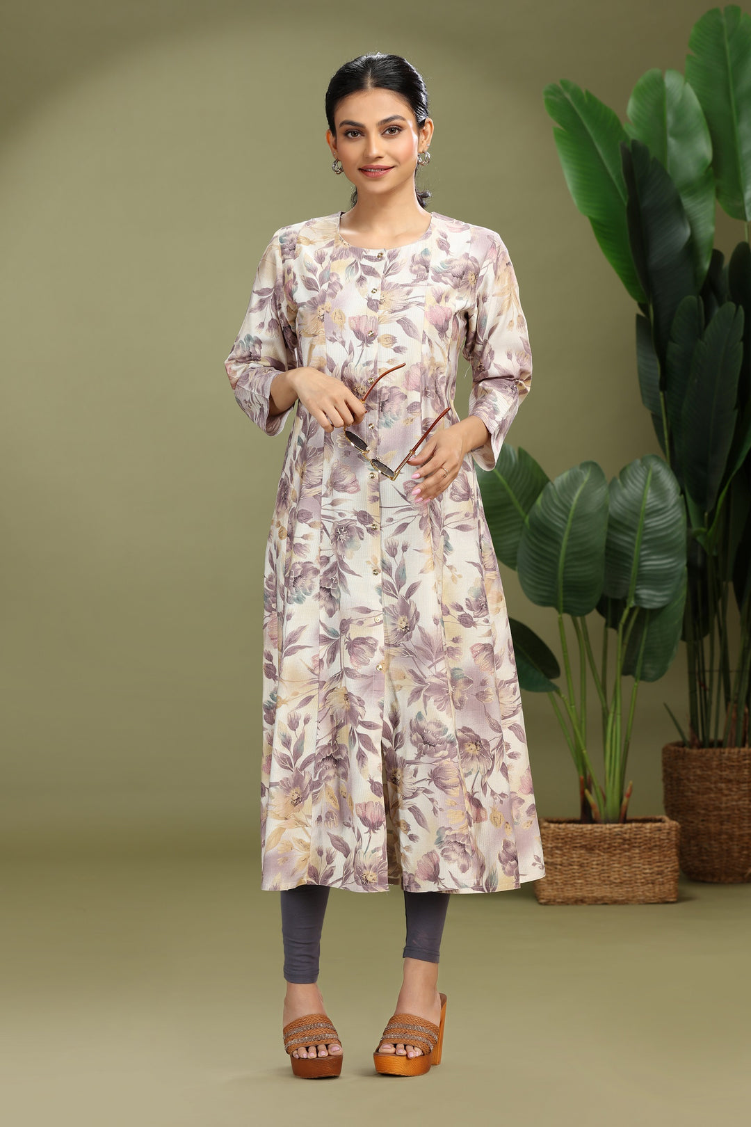 Off White Rayon Printed A Line Kurta for women