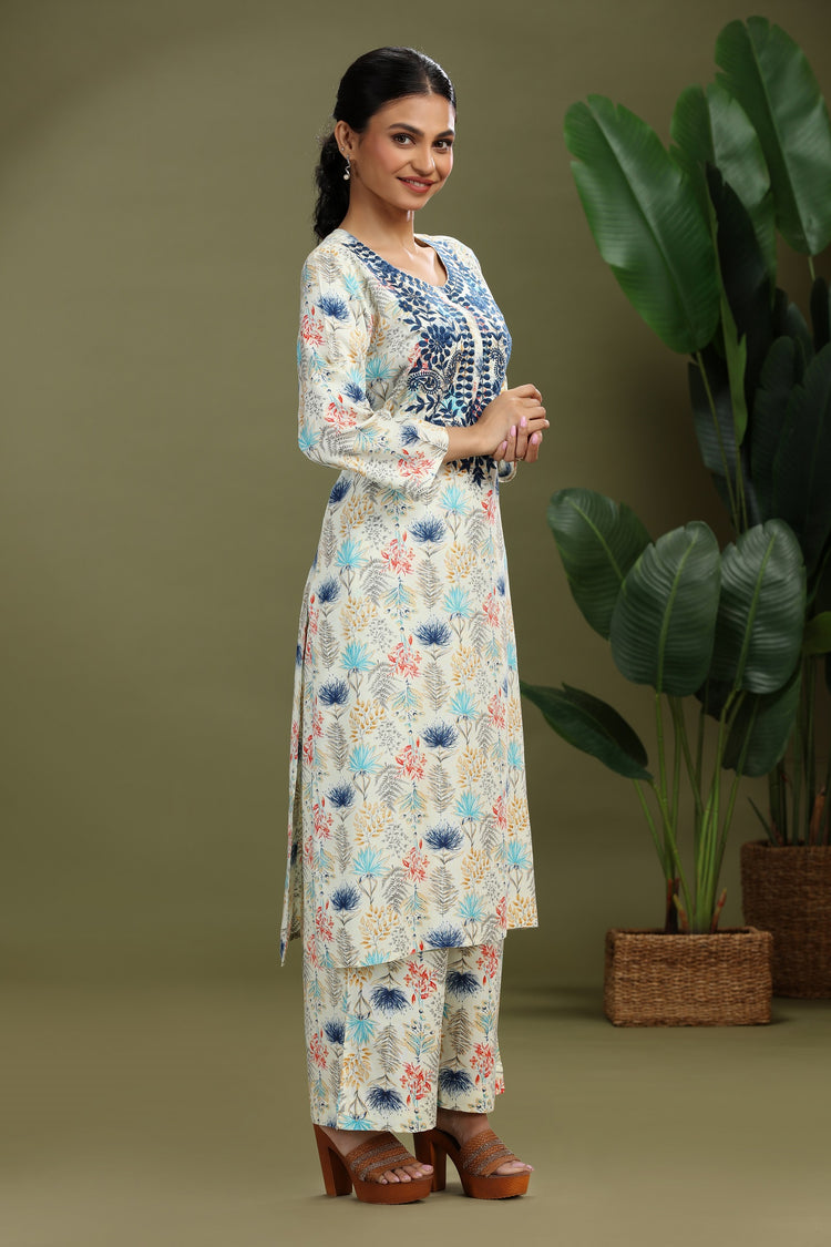 Off White Roman Silk Embroidered Straight Kurta Pant Co ord Set