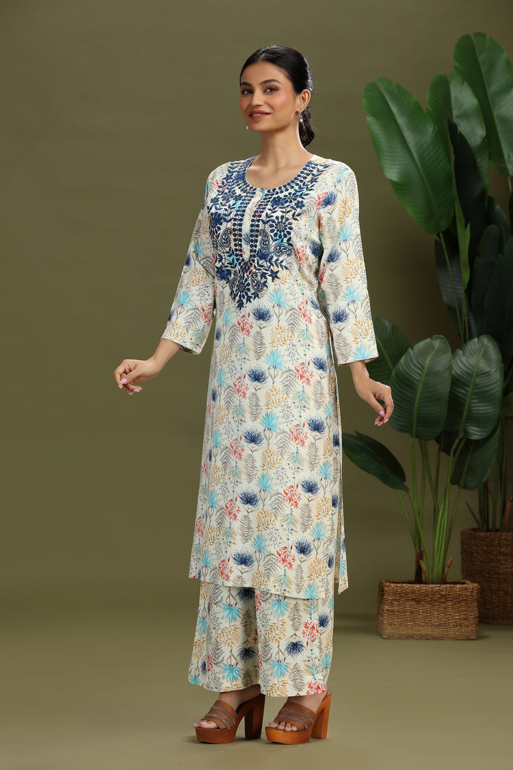 Off White Roman Silk Embroidered Straight Kurta Pant Co ord Set