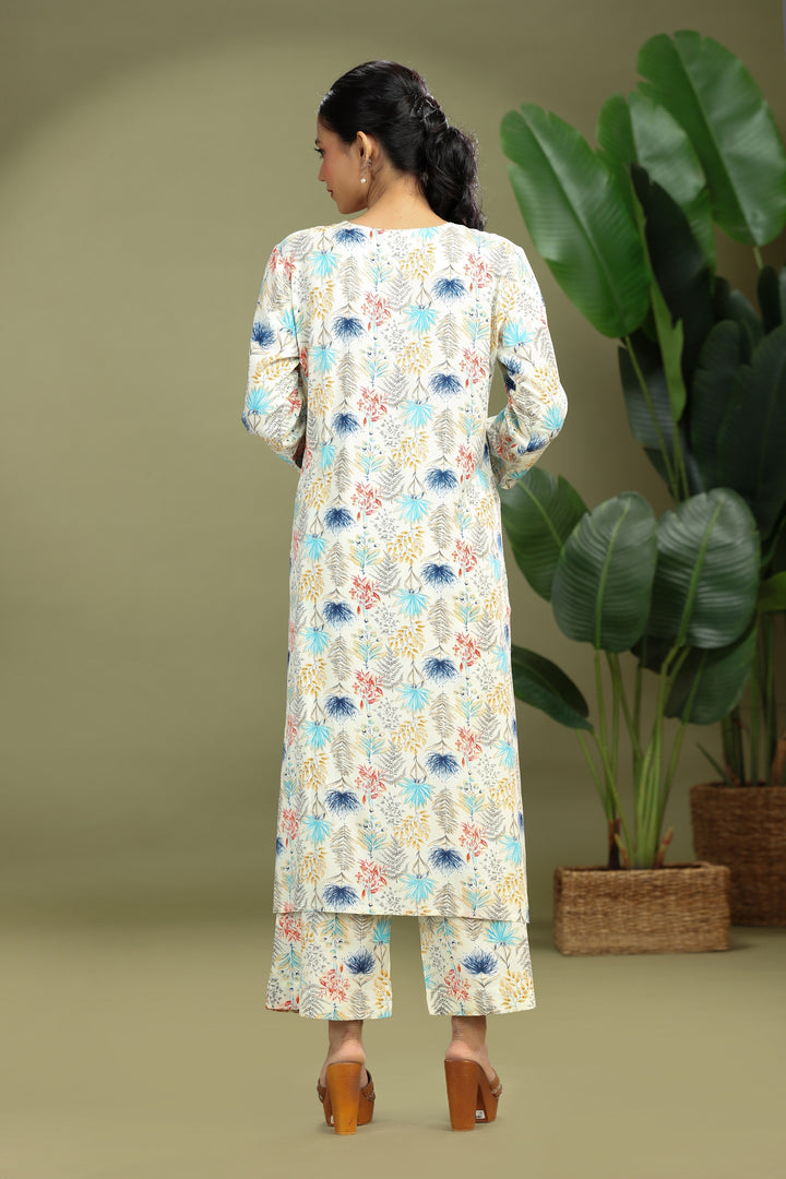 Off White Roman Silk Embroidered Straight Kurta Pant Co ord Set