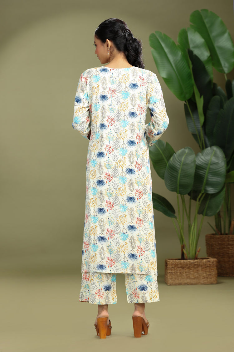 Off White Roman Silk Embroidered Straight Kurta Pant Co ord Set