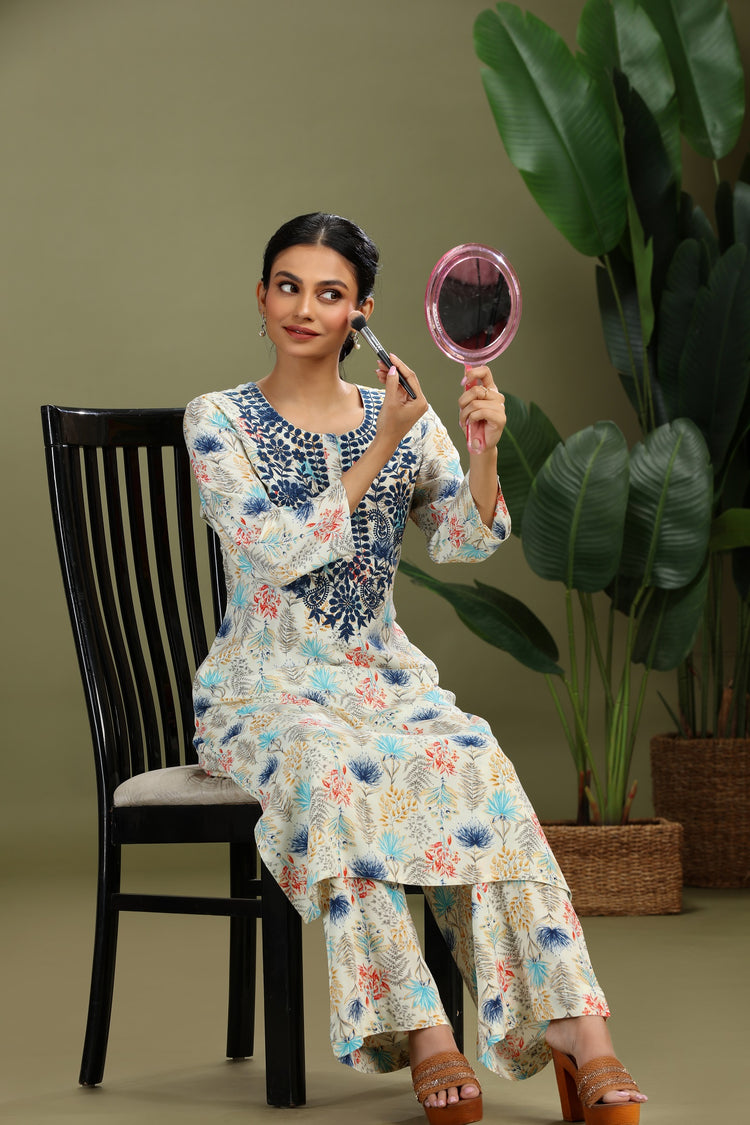 Off White Roman Silk Embroidered Straight Kurta Pant Co ord Set