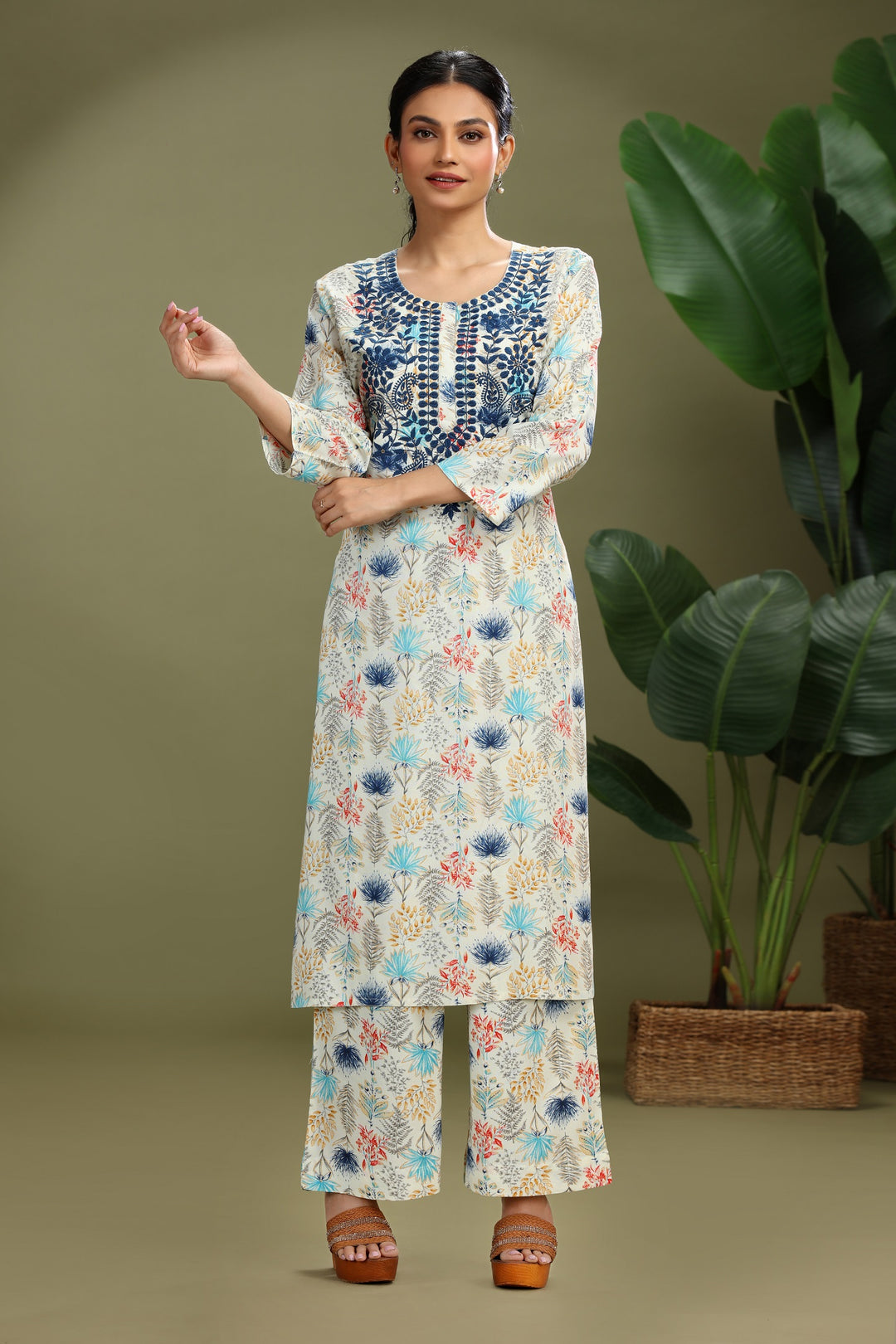 Off White Roman Silk Embroidered Straight Kurta Pant Co ord Set