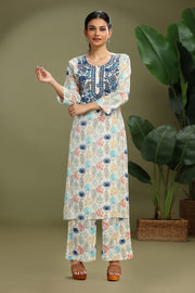 Off White Roman Silk Embroidered Straight Kurta Pant Co ord Set