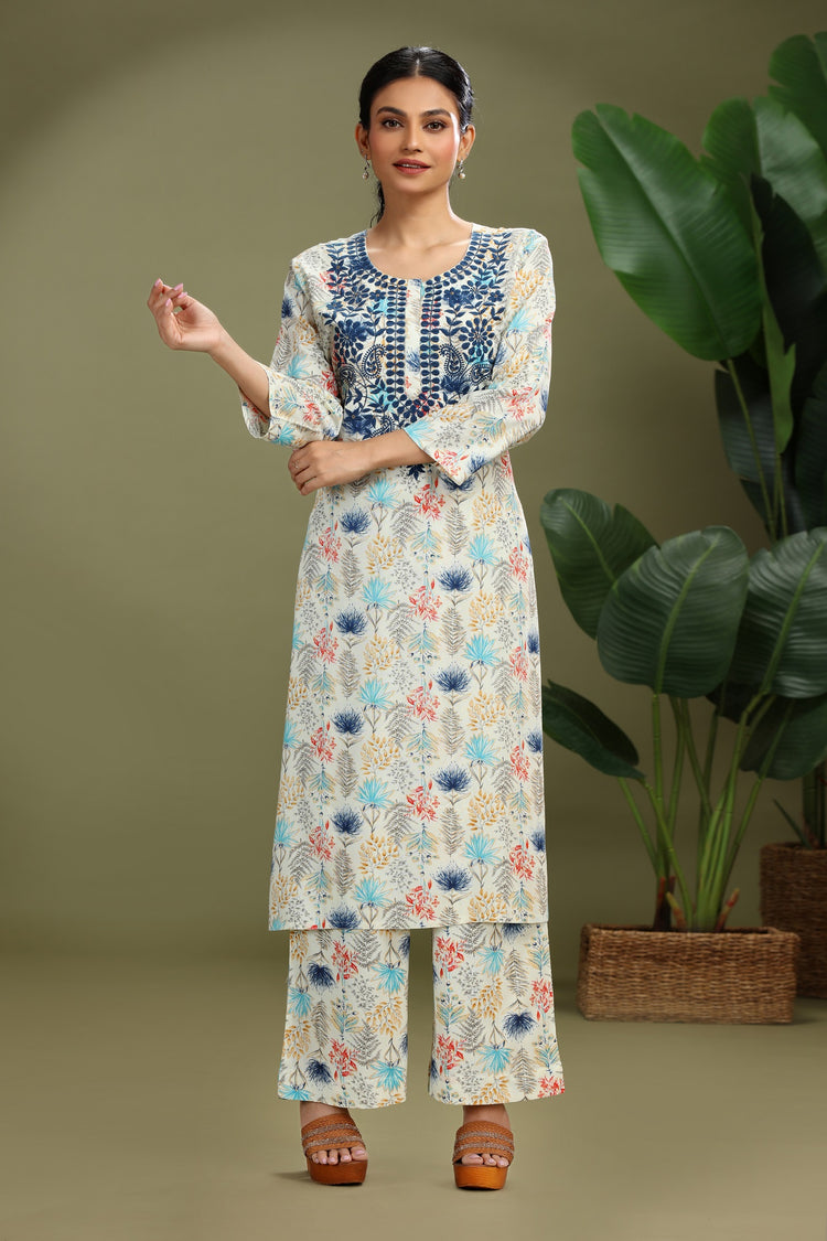 Off White Roman Silk Embroidered Straight Kurta Pant Co ord Set