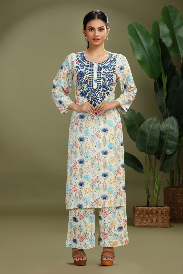 Off White Roman Silk Embroidered Straight Kurta Pant Co ord Set