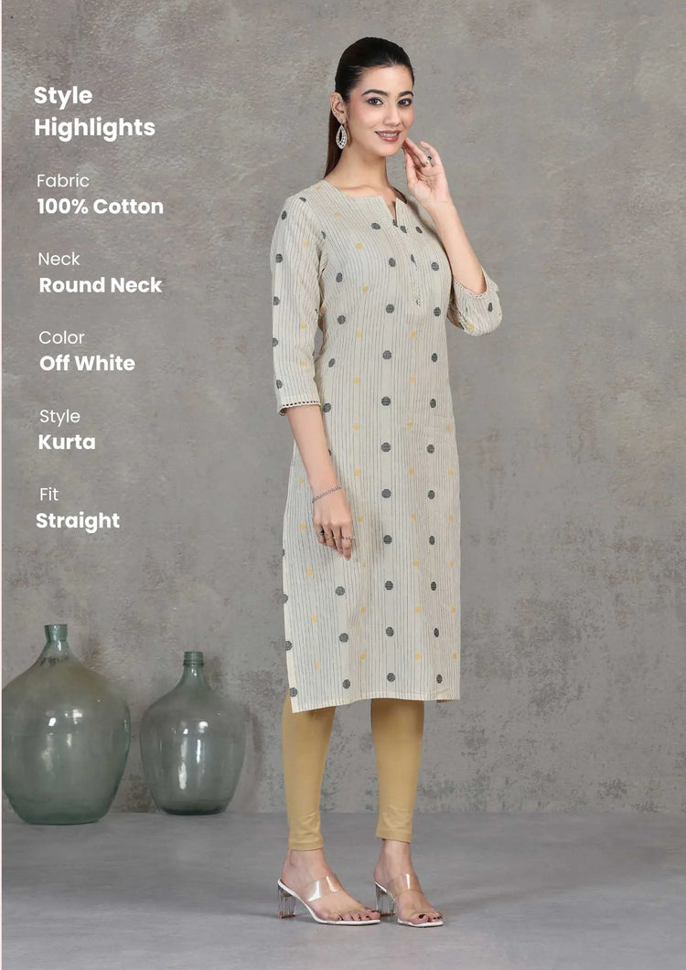 Off White Striped Cotton Straight Kurta