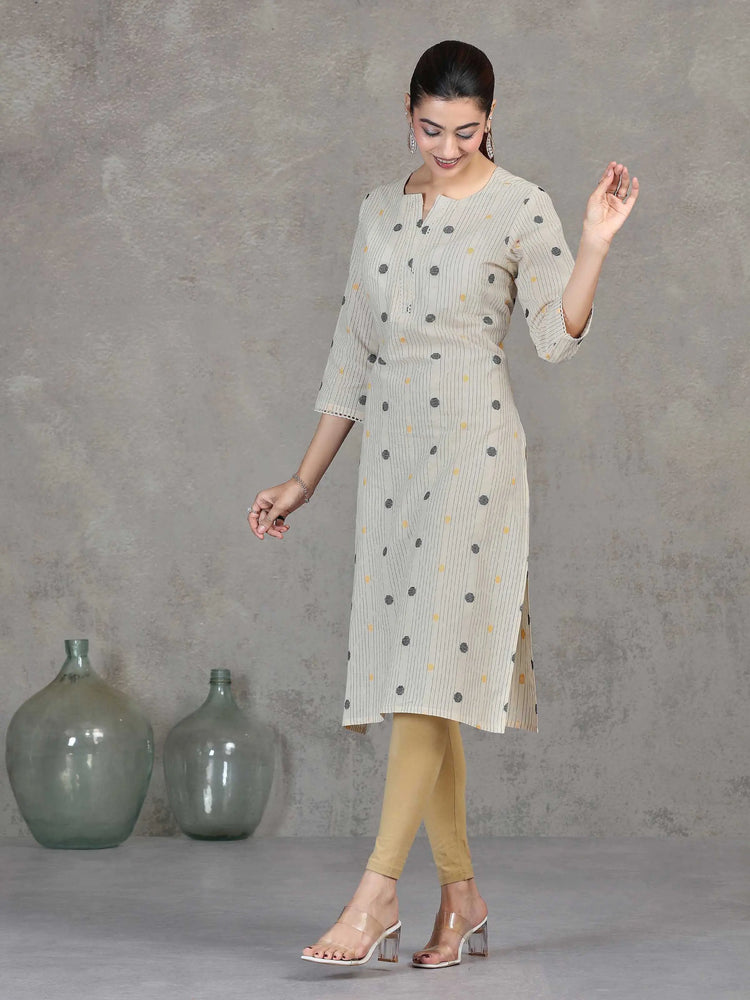 Off White Striped Cotton Straight Kurta