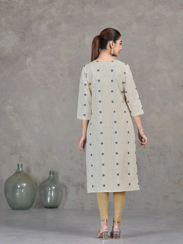 Off White Striped Cotton Straight Kurta