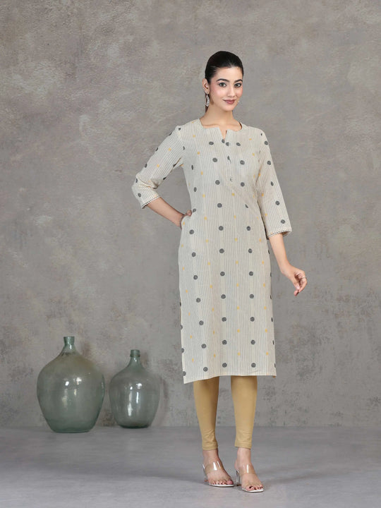 Off White Striped Cotton Straight Kurta