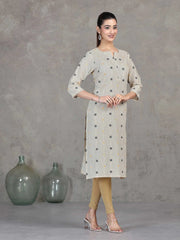 Off White Striped Cotton Straight Kurta