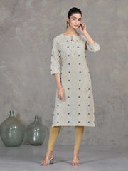 Off White Striped Cotton Straight Kurta