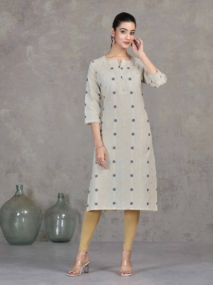 Off White Striped Cotton Straight Kurta
