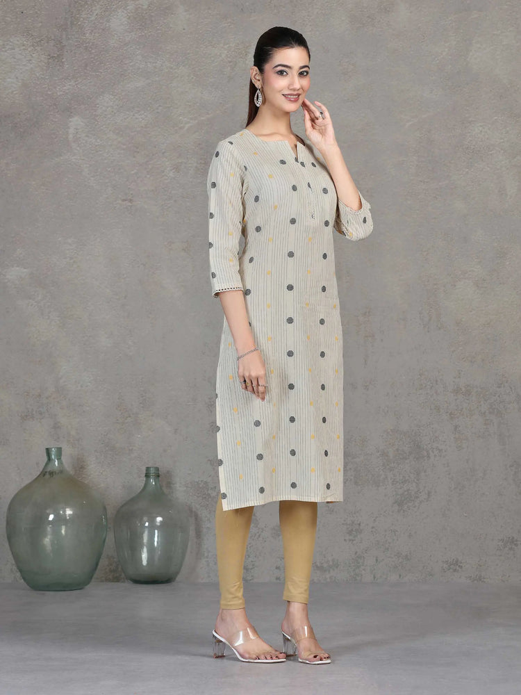 Off White Striped Cotton Straight Kurta