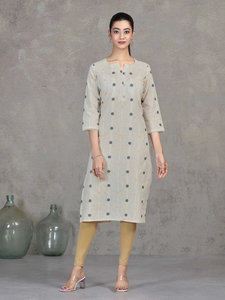Off White Striped Cotton Straight Kurta