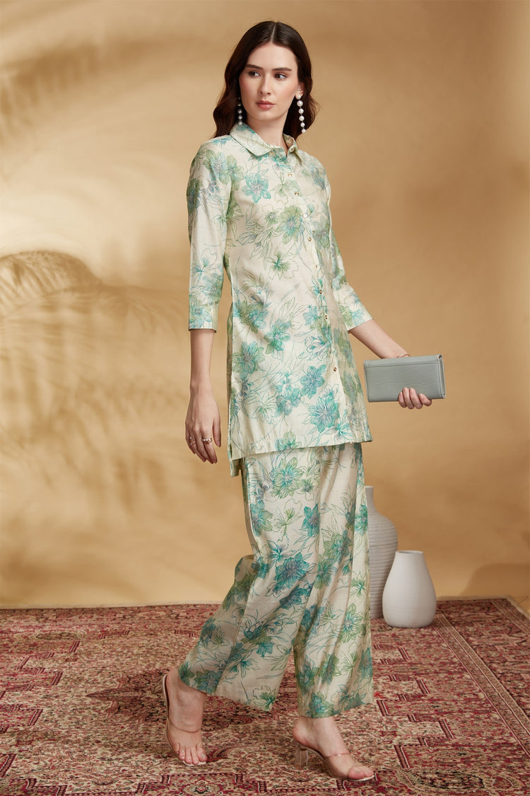 Off White Viscose Printed Straight Kurta Pant Co ord Set