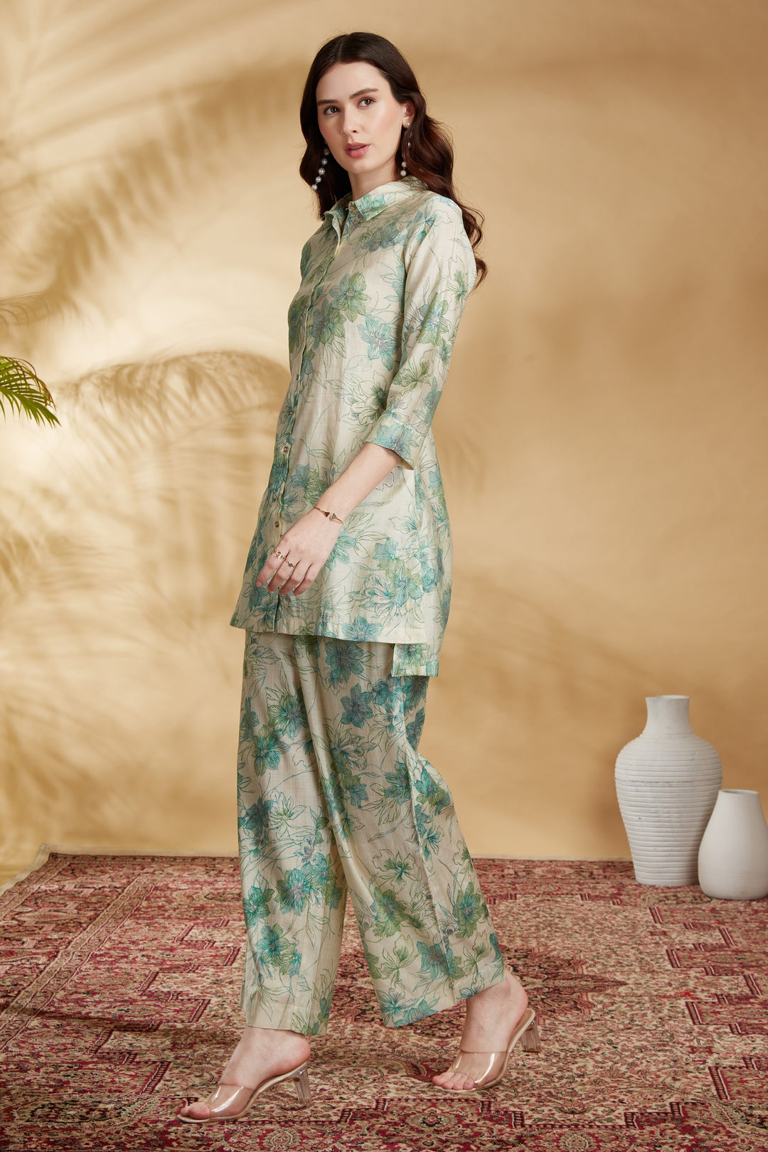Off White Viscose Printed Straight Kurta Pant Co ord Set