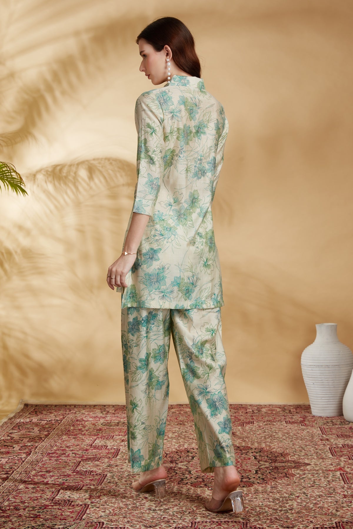 Off White Viscose Printed Straight Kurta Pant Co ord Set