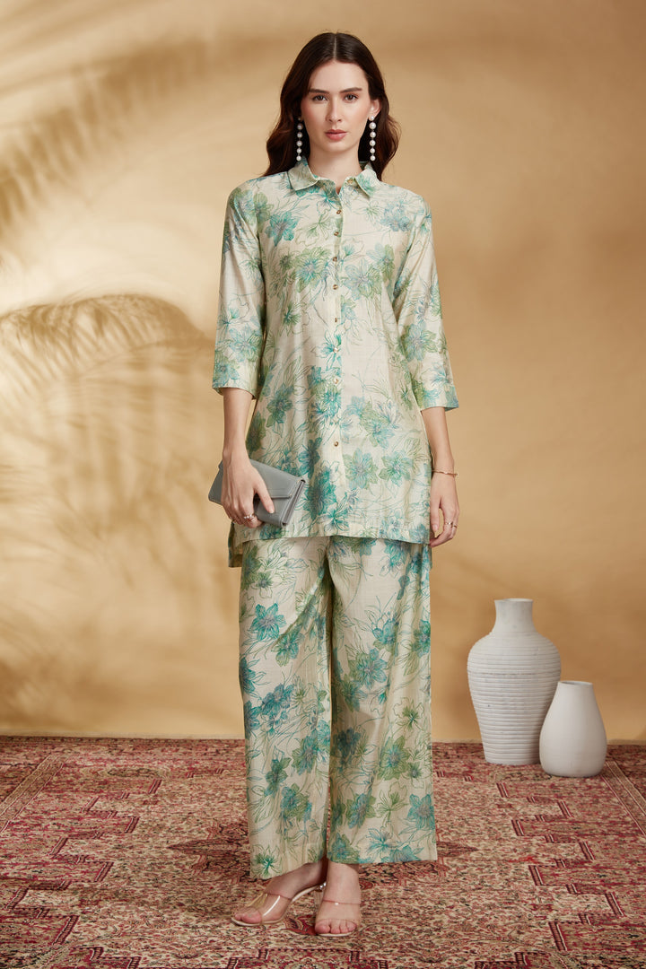 Off White Viscose Printed Straight Kurta Pant Co ord Set
